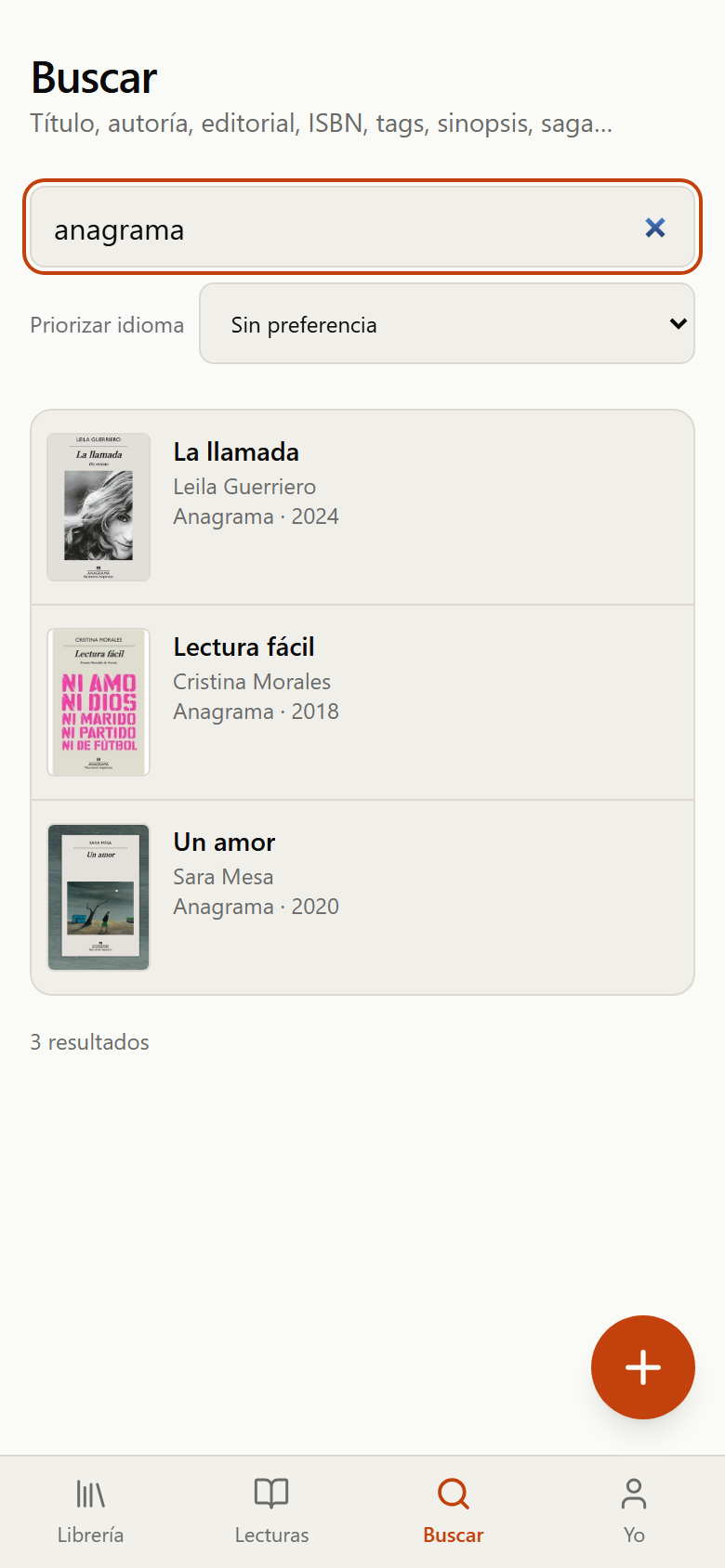 Resultados de buscar "anagrama" en la librería, con el contador de resultados y el selector de idioma