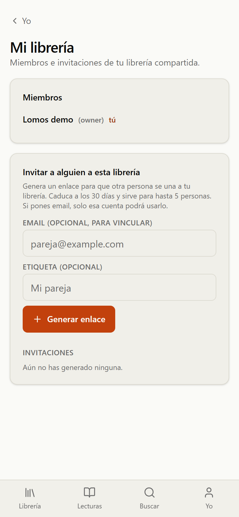 Página Yo → Casa con la lista de miembros y la opción de invitar