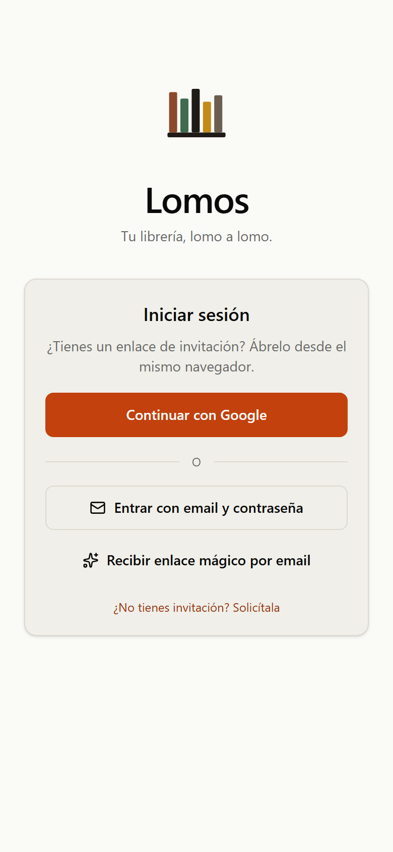 Pantalla de inicio de sesión con botones para Google, email y enlace mágico