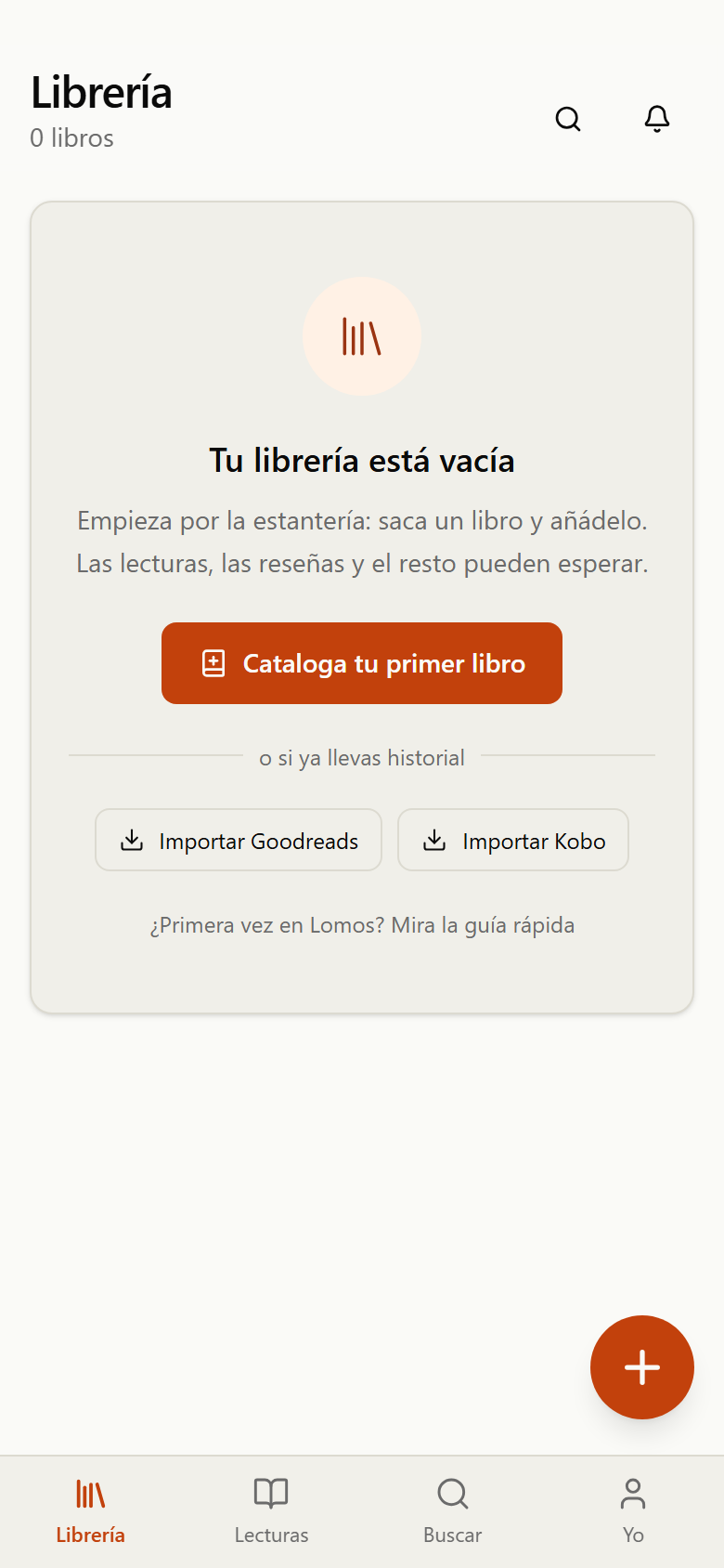 Pantalla de la Librería todavía sin libros, con accesos para añadir el primero