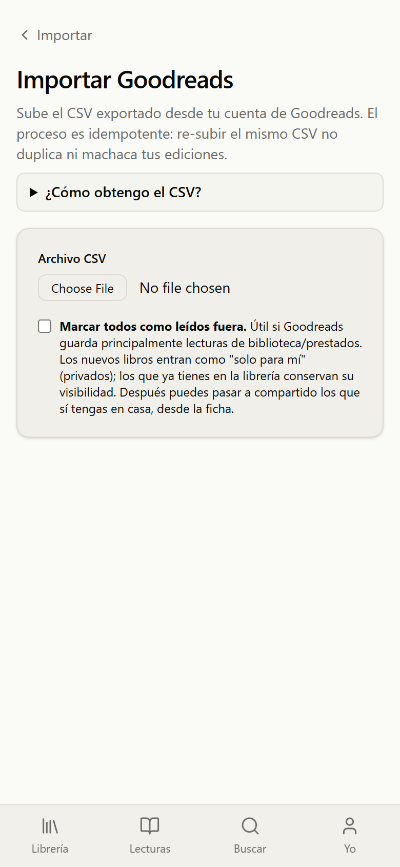 Pantalla de importar desde Goodreads