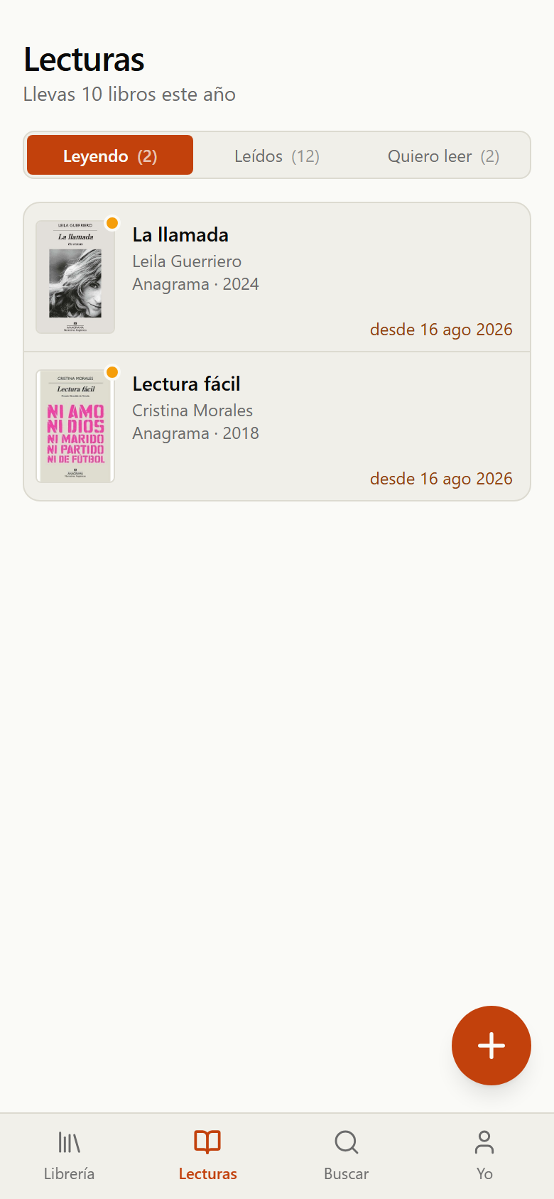 Página Lecturas con el selector de tres pestañas Leyendo, Leídos y Quiero leer