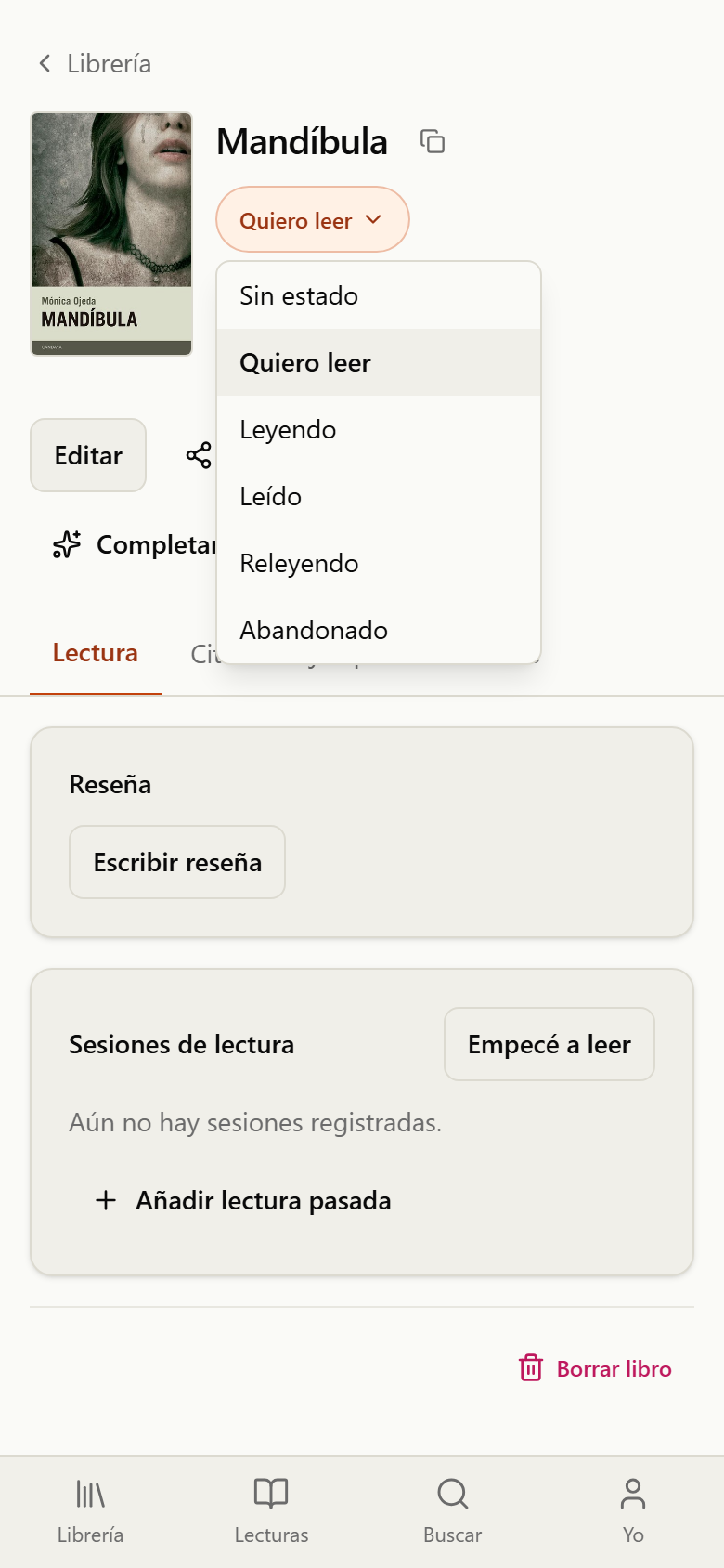 Ficha de un libro con el selector de estado de lectura abierto: sin estado, quiero leer, leyendo, leído, abandonado