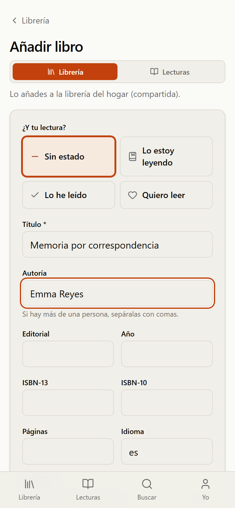 Formulario de alta manual con el selector de contexto Librería o Lecturas y el bloque "¿Y tu lectura?"
