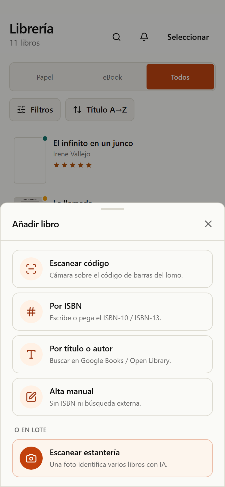 Sheet con los cuatro métodos para añadir un libro: escanear, ISBN, título o autor, alta manual