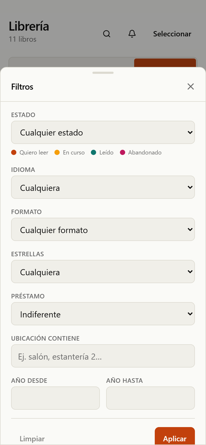 Sheet de filtros del catálogo