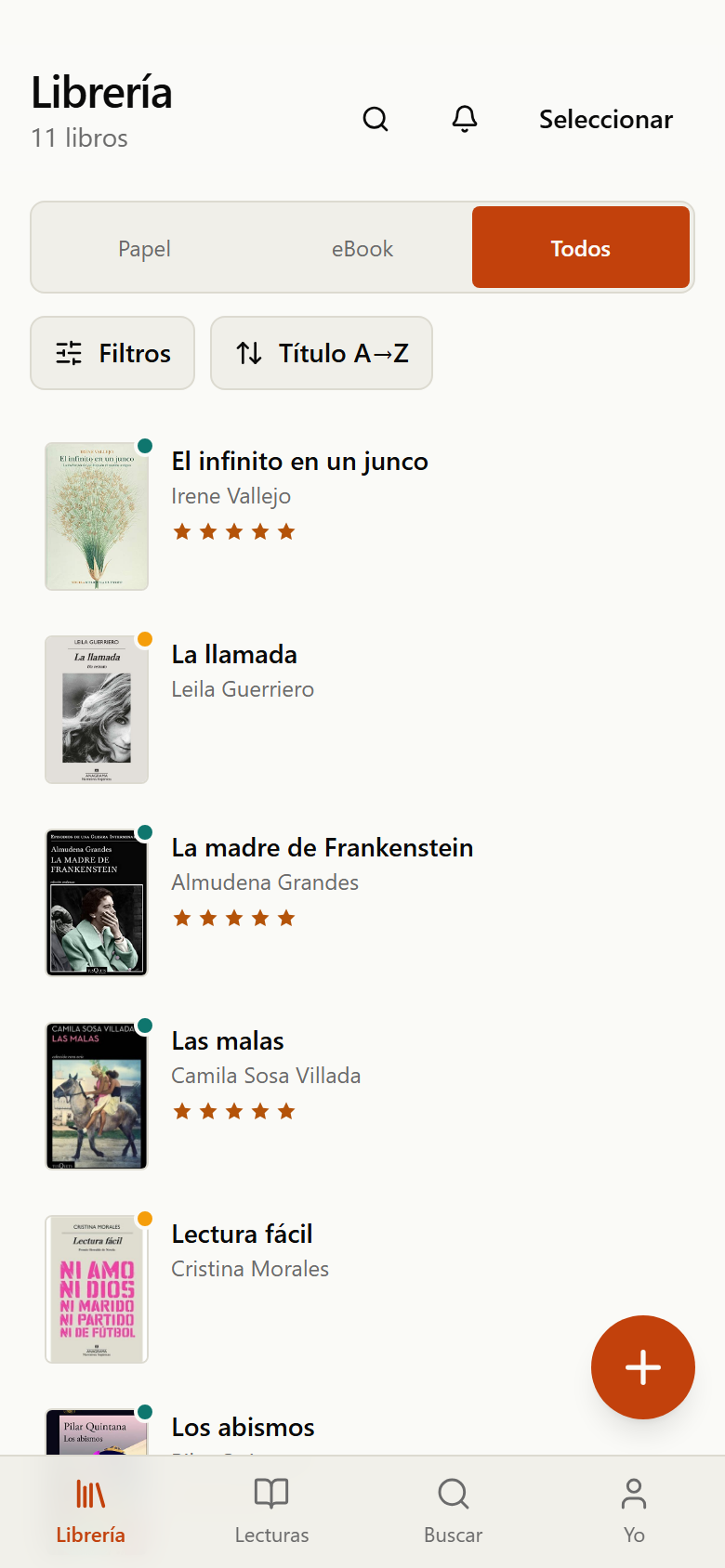 Catálogo con tarjetas de varios libros y badges visuales
