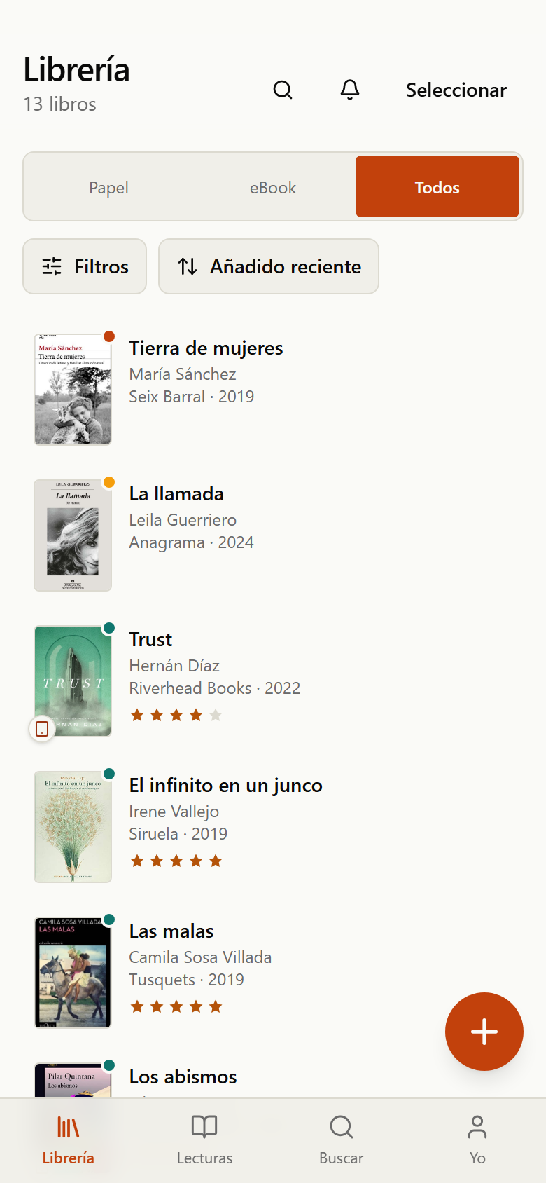 Librería en móvil como lista de libros con portada, título, autoría e indicadores de estado