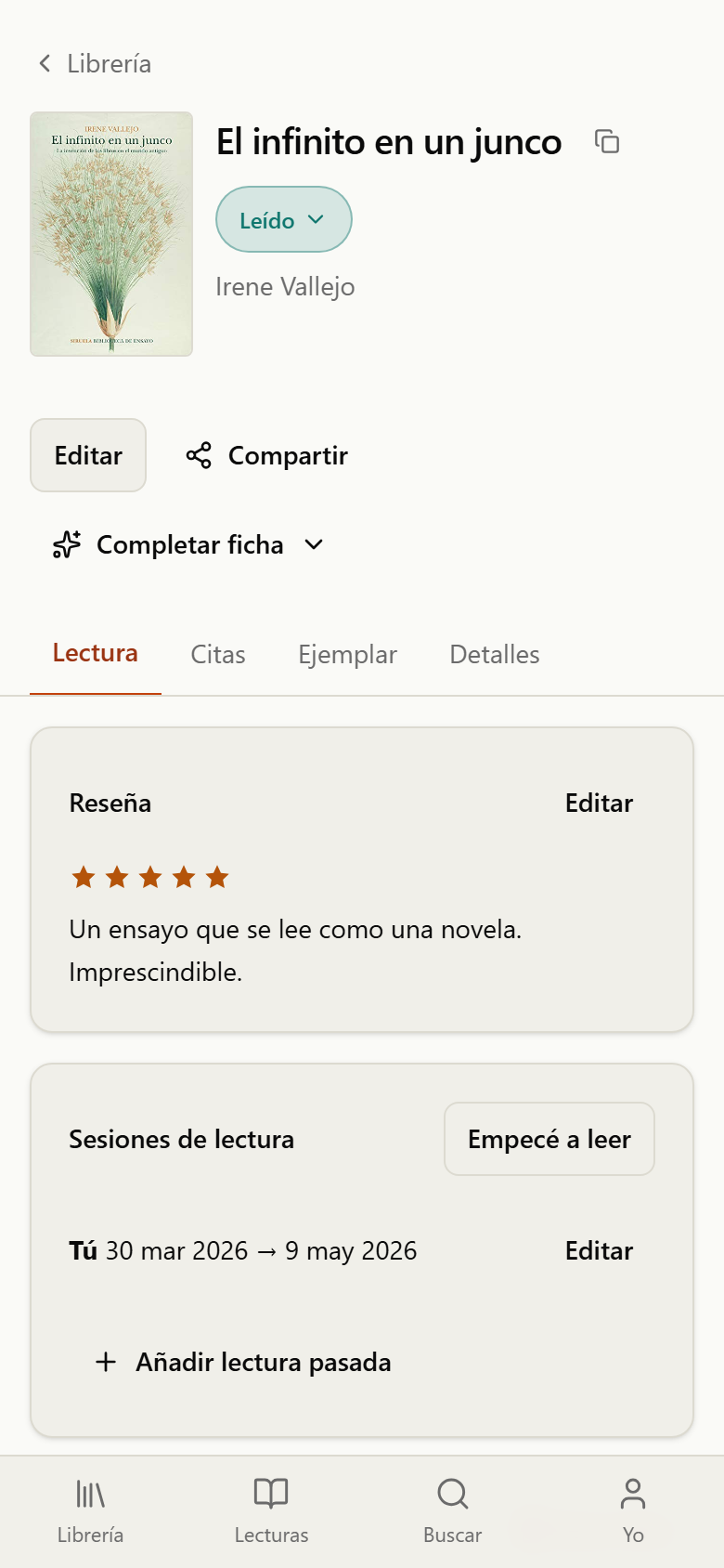 Ficha de un libro con el botón Compartir en la fila de acciones