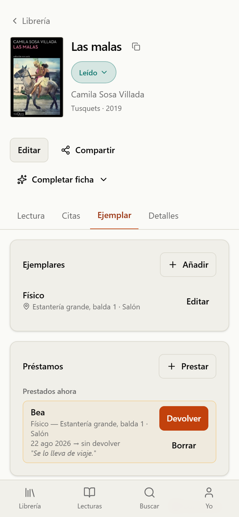 Pestaña Ejemplar de un libro con formato, ubicación en casa, origen y el préstamo abierto