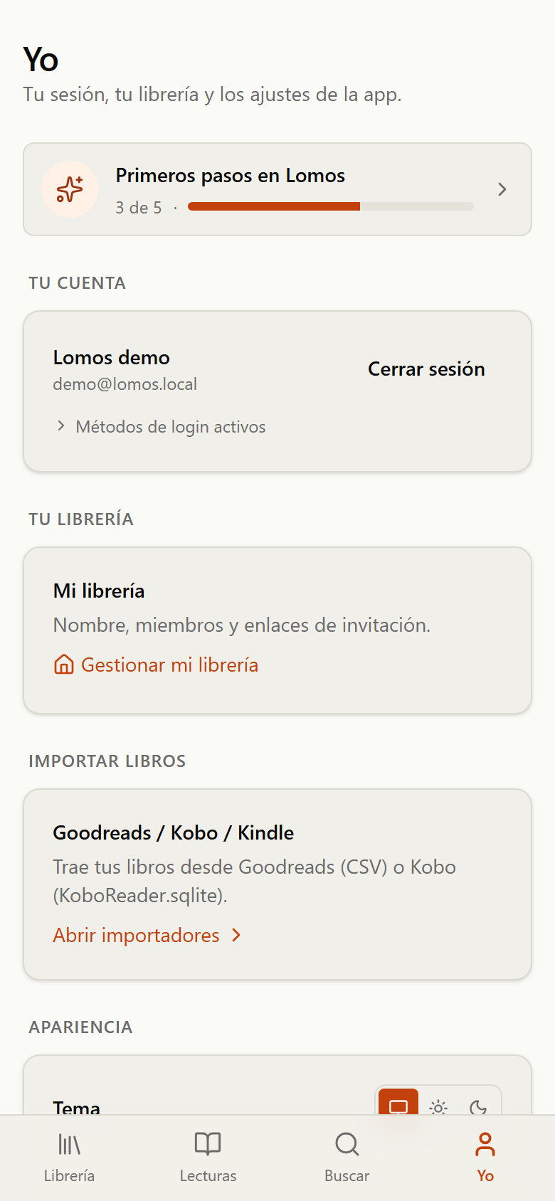 Página Yo con secciones de librería, apariencia, ajustes, actividad e importar