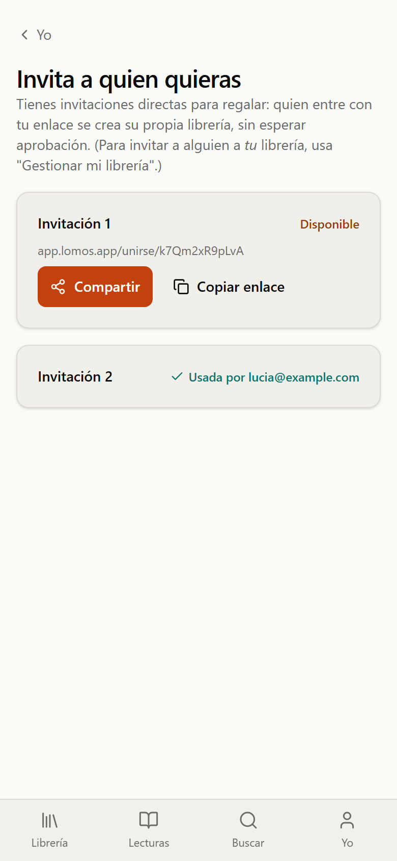 Página Invita a quien quieras con dos invitaciones, una disponible con su enlace y otra ya usada