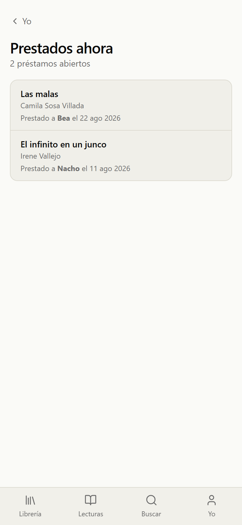 Pantalla Prestados ahora con dos préstamos abiertos, cada uno con el nombre de quien lo tiene y la fecha